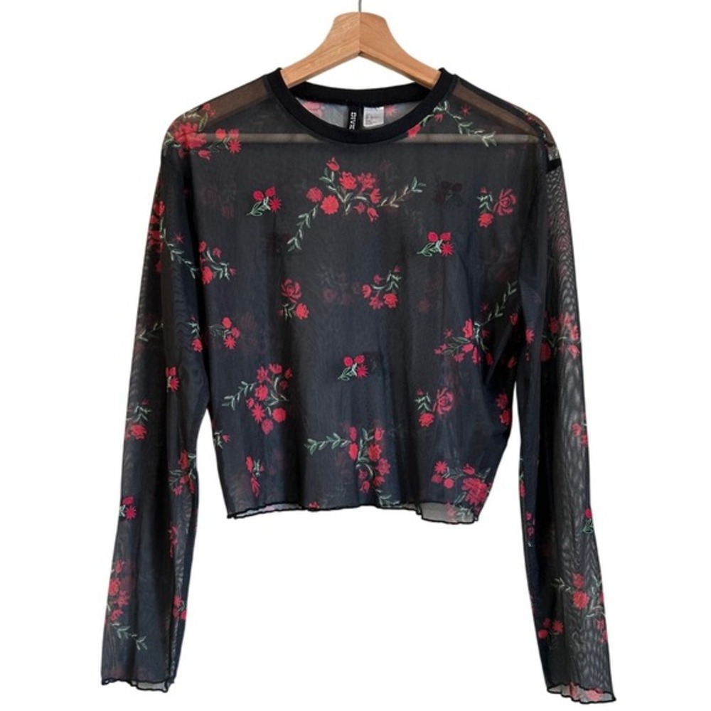 HM Black Mesh Black Rose Crop Embroidered Women Size L Print Punk Gothic Grunge